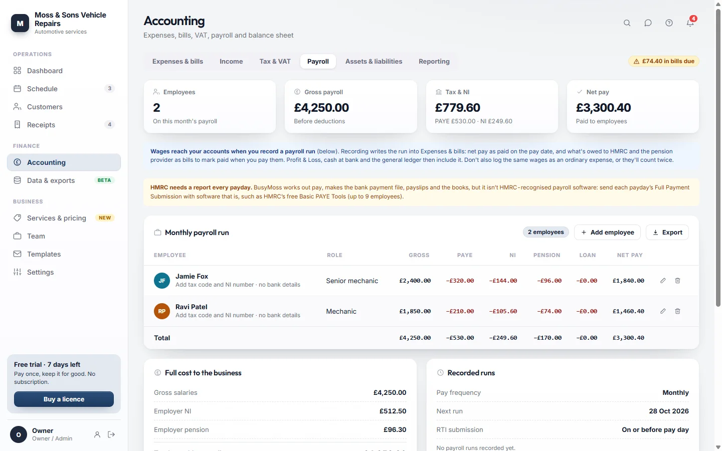 BusyMoss payroll screen with two employees, gross pay, PAYE, National Insurance, pension and net pay for the monthly run.