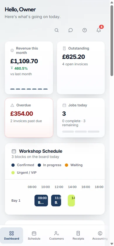 BusyMoss on a phone: today's revenue, outstanding and overdue totals and jobs today.
